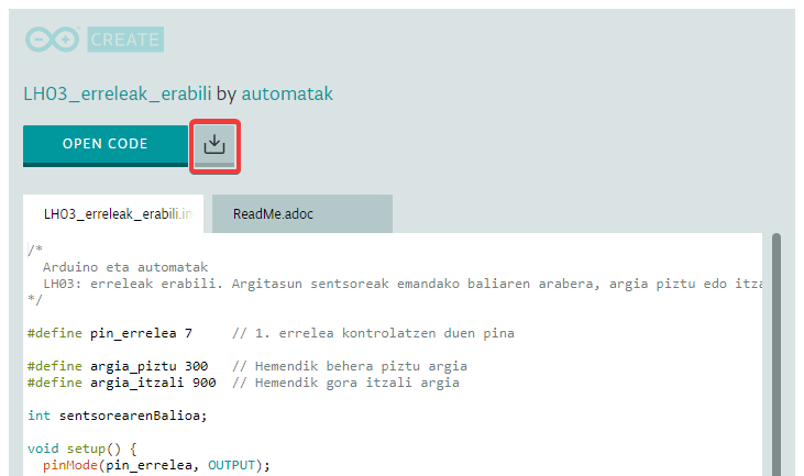 Eskema bat ikusten da Arduino Web Editorean eta eskema jaisteko botoia non dagoen koadro gorri baten bidez markatzen da
