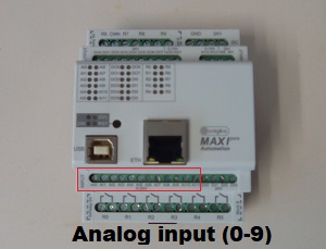 Irudian adierazten da Controllino Maxi Automation modeloaren sarrera analogikoak zeintzuk diren.