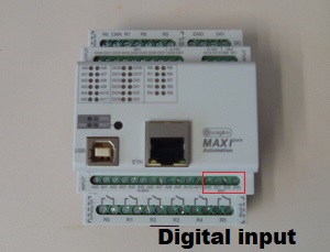 Irudian adierazten da Controllino Maxi Automation modeloaren sarrera digitalak zeintzuk diren.